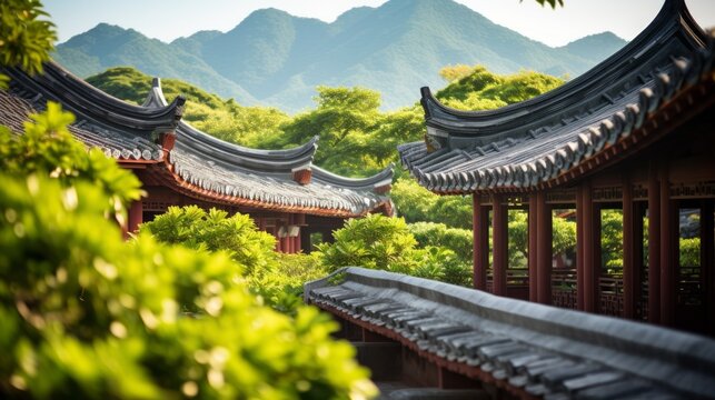 Chinese architecture surrounded by lush green mountains and trees