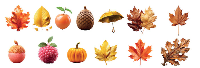 Collection of Autumn Elements: Colorful Leaves, Fruits, and an Umbrella Isolated on White Background, Perfect for Seasonal Designs