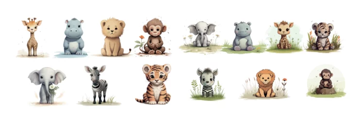 Fotobehang Adorable Collection of Illustrated Baby Animals - Cute, Playful, and Friendly Wildlife Characters for Children’s Books and Educational © Zaleman