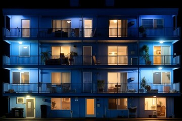 Blue apartment building at night