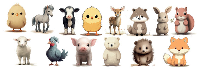 Adorable Collection of Farm and Wild Baby Animals Illustrated in Soft, Realistic Style for Children’s Book or Educational - obrazy, fototapety, plakaty