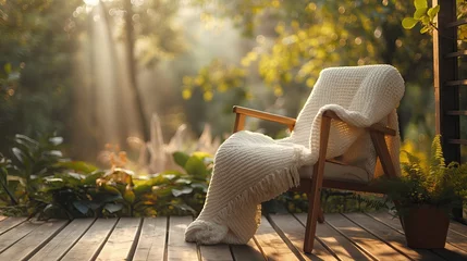 Fotobehang Warm knitted plaid on wooden terrace in morning sunlight, atmospheric photo © Katsiaryna