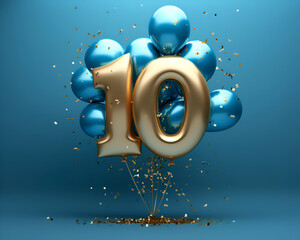 Number 10 gold foil balloon with sequins. Blue background. 3D Render