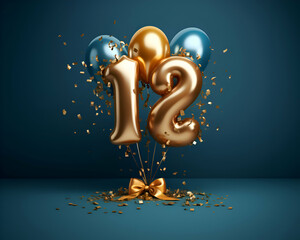 Number 21 gold and blue foil balloons with ribbons. 3D Render