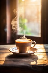 A cup of coffee on a wooden table by the window