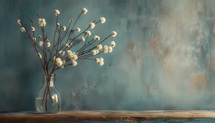 Vase with cotton flowers on wooden table over blue wall background. Copy space for text, pattern