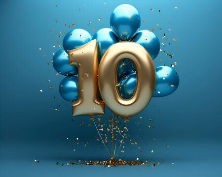 Number 10 gold foil balloon with sequins. Blue background. 3D Render