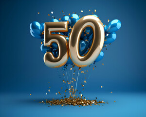 50th birthday celebration balloon with golden number and blue balloons. 3D Render