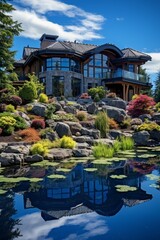 A stunning house with a beautiful garden and a pond