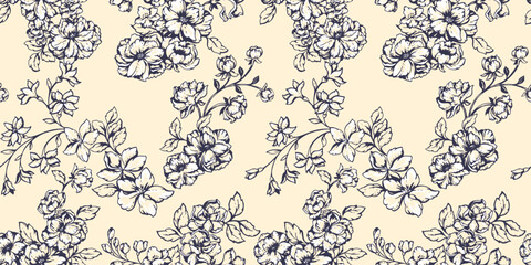 Blooming stylized meadow seamless pattern. Abstract wild floral stems pattern on a light background. Artistic creative lines, outlines branches flowers patterned. Vector hand drawn sketch.