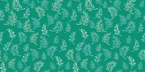 Creative simple tiny branches leaves seamless pattern on the green background. Contour silhouette abstract stems with drops spots patterned. Vector hand drawn sketch. Collage for design, printing