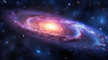 Spiral galaxy with bright center and blue and pink hues