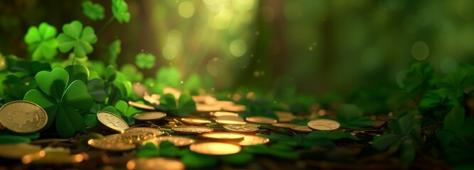 enchanted forest floor with clovers and gold coins in magical light, st patrick day concept