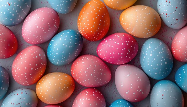 Colorful easter eggs on white background, top view, copy space