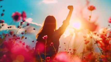 international women's day concept, empowering gesture of victory in a blooming field at golden hour - obrazy, fototapety, plakaty
