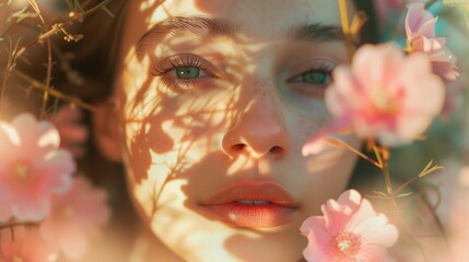 natural beauty and freckles in a sunlit floral embrace, international women's day concept