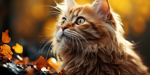 A majestic cat with amber eyes looks out at the golden autumn leaves