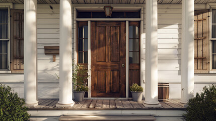 Main entrance door in house. Wooden front door with gabled porch and landing. Exterior of georgian style home cottage with columns 