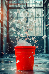 Excessive use of paper in the office. A trash can with paper flying in different directions. The problem of protecting and caring for the environment - obrazy, fototapety, plakaty