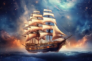 The ship floats in the cosmic clouds in the fog, magically - obrazy, fototapety, plakaty