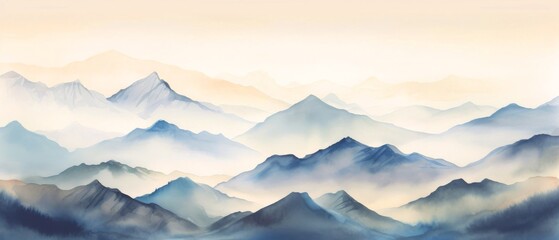 Blue colors watercolor color abstract brush painting art of beautiful mountains, mountain peak minimalism landscape panorama banner illustration, isolated on white background