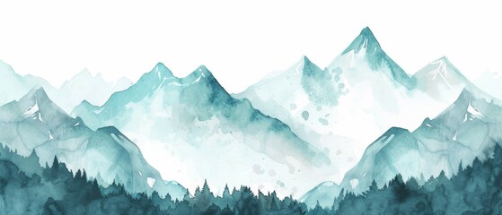Green colors watercolor color abstract brush painting art of beautiful mountains, mountain peak with firs, forest trees, minimalism landscape panorama banner illustration, isolated on white background
