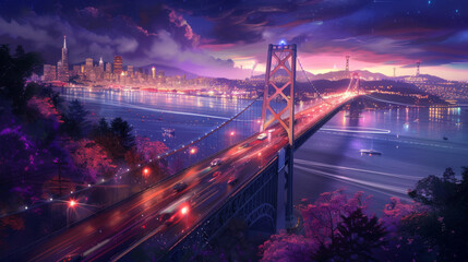 intricate landscape wallpaper with vibrant night colors, video game art, san francisco bridge from above illustration
 - obrazy, fototapety, plakaty