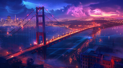 intricate landscape wallpaper with vibrant night colors, video game art, san francisco bridge from above illustration
 - obrazy, fototapety, plakaty