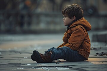 An isolated child, his downcast demeanor portraying feelings of sadness and loneliness.