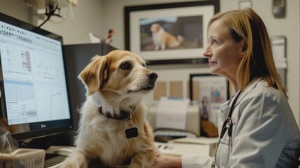 Veterinarian consulting with a pet owner, explaining the pet's health condition, clinic office setting with pet medical records and computer