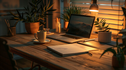 Open leaflet mockup on a wooden table surrounded by creative workspace elements like a laptop, coffee cup, and notepad, warm ambient lighting to create a cozy and productive atmosphere