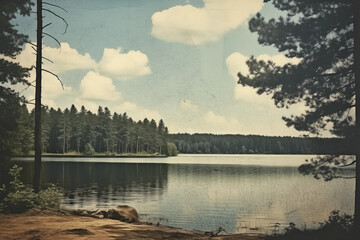Forest lake with vintage photo effects