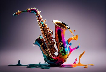 Colorful music instrument with dripping paints. AI generative. Generative AI - obrazy, fototapety, plakaty