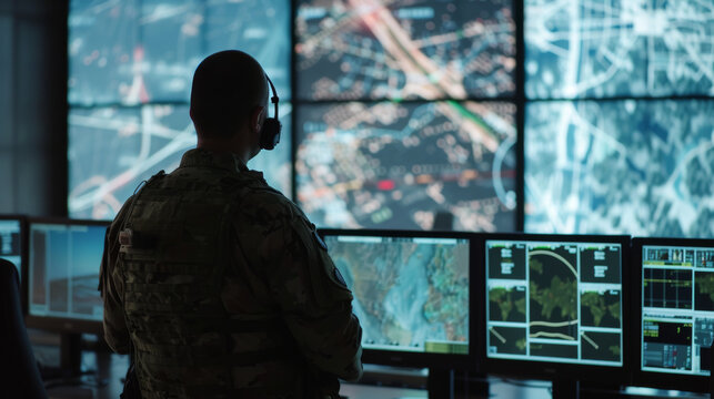 Military Surveillance Officer Working on a City Tracking Operation in a Central Office Hub for Cyber Control and Monitoring for Managing National Security, Technology and Army Communications
