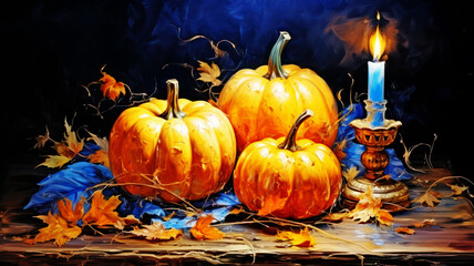 Vibrant pumpkins beside a flickering candle, capturing the essence of fall