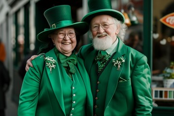 A happy elderly couple in green suits at the city festival in honor of St. Patrick's Day