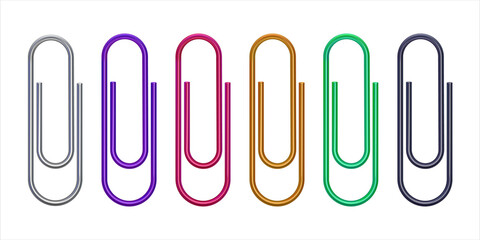 Realistic colorful paper clip set. Metallic fasteners on white background. Shiny metal paper clip, page holder. Office supplies. 