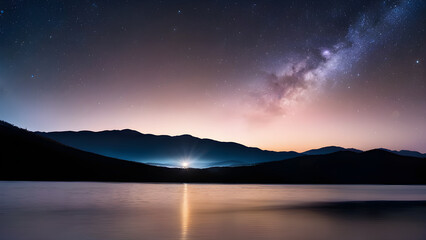 Stars and flashes, night sky reflected in water and natural landscape.