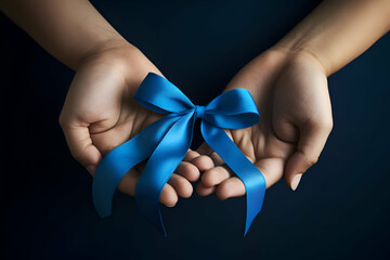 Female hands holding blue ribbon bow on dark background. closeup view