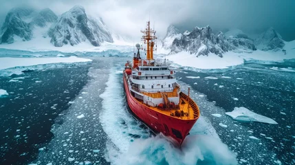 Fotobehang The massive boat stands out in the open water. An expedition ship in the northern seas against the background of ice and rocky coast. © Dmitry