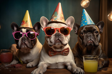 French bulldogs with birthday caps and sunglasses