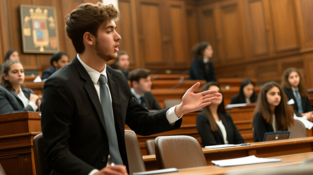 Moot Court Practice. Law Students Presenting Arguments in a Mock Trial
