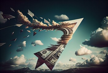 Illustration of dollar bills making arrow in sky. Generative AI - obrazy, fototapety, plakaty