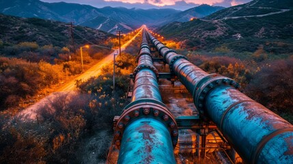 Massive crude oil pipeline system transporting petroleum products to refinery - obrazy, fototapety, plakaty