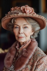 A stunning portrait capturing the elegance of a stylish elderly lady adorned in fashionable beige attire and a chic hat, radiating grace and sophistication.