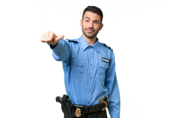 Young police caucasian man over isolated background giving a thumbs up gesture