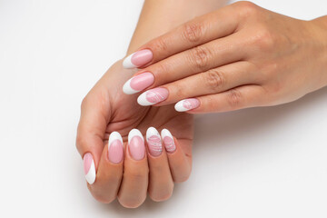 French wedding manicure with white web and silver dots on long oval nails