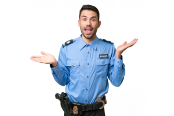 Young police caucasian man over isolated background with shocked facial expression