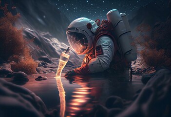 Astronaut Filtering Water On Alien Planet. Generative AI - obrazy, fototapety, plakaty