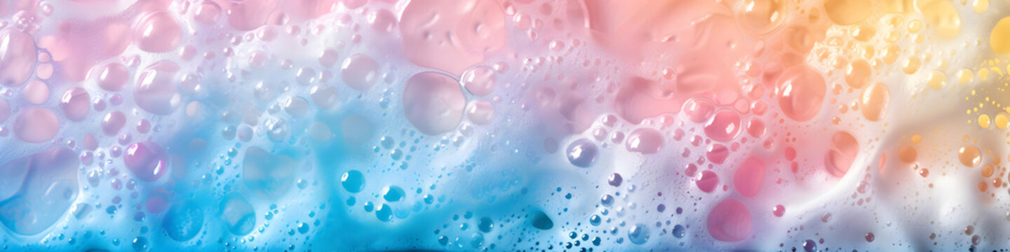 Macro photo of bubbles in water. Pink and blue background with foam made of soap, shampoo, lotion, detergent. Banner with copy space for laundry and cleaning services, beauty, skin care, spa, concept.